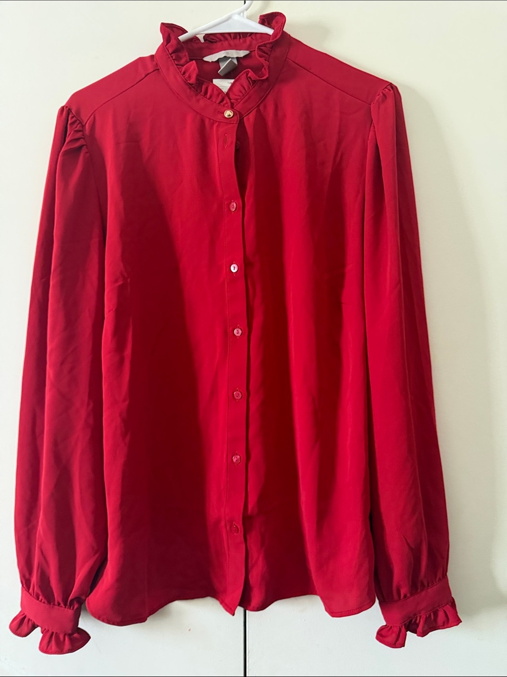 H&M Red Ruffle-Neck Long Sleeve Blouse